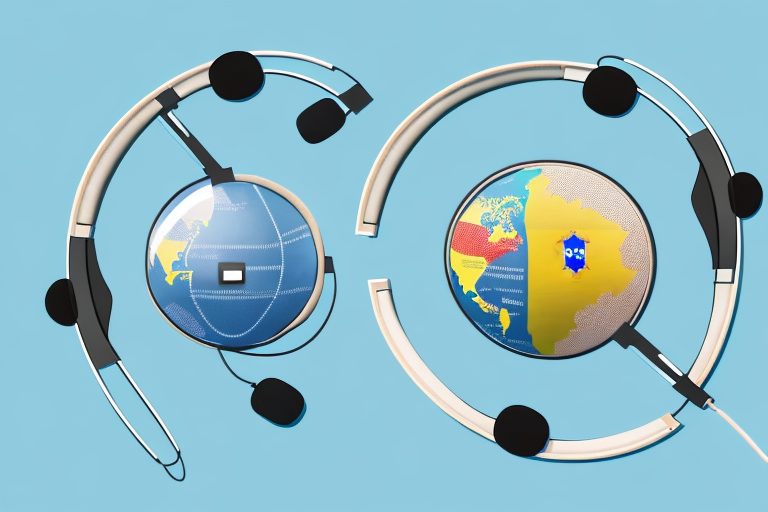 A pair of headphones next to a globe focused on brazil