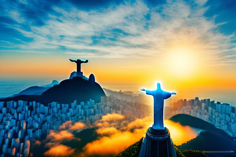The iconic christ the redeemer statue in brazil with a setting sun in the background