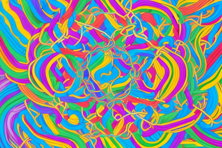 A tangled ball of colorful yarn with a few loose ends