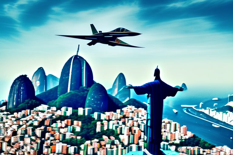 A racing jet flying over the iconic christ the redeemer statue in rio de janeiro