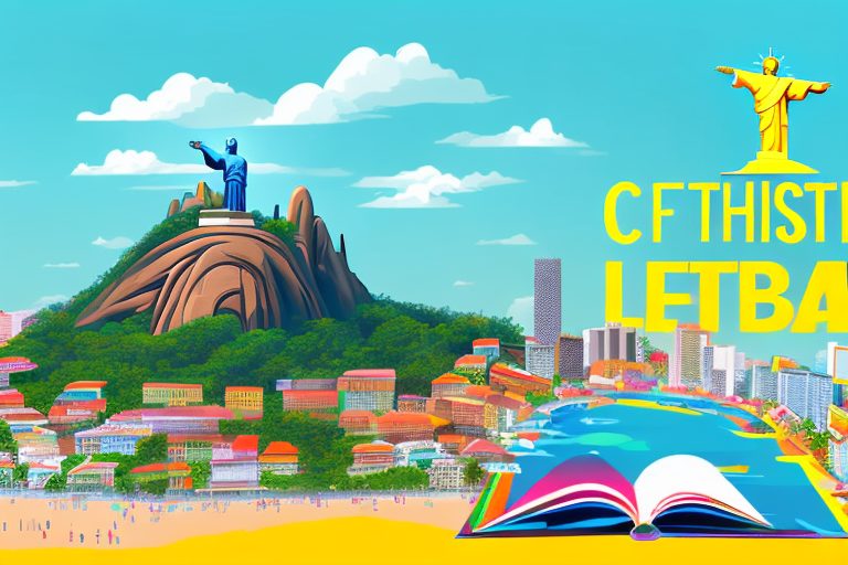 A vibrant brazilian street scene featuring various iconic landmarks like the christ the redeemer statue