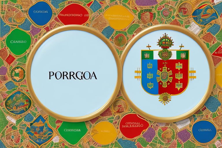 A colorful map of portugal with symbolic icons related to portuguese culture