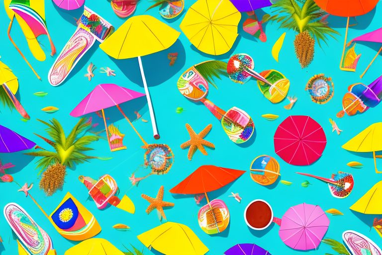 A vibrant brazilian beach scene with a focus on colorful beach umbrellas