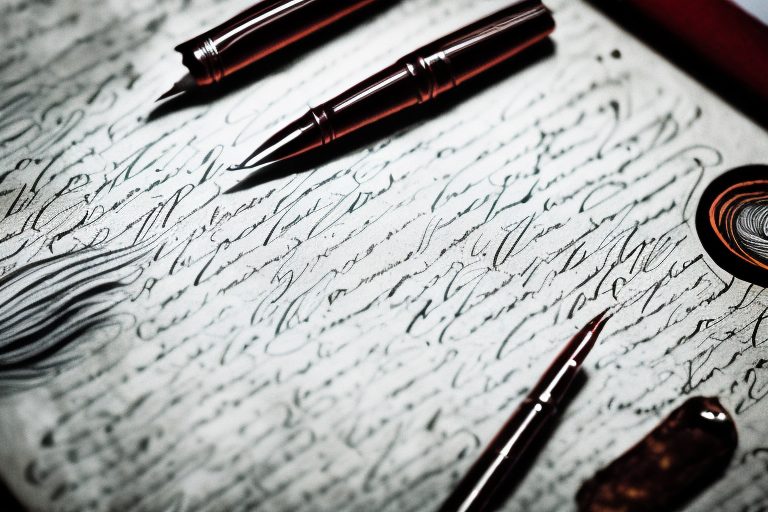 A traditional portuguese quill pen poised above an old parchment