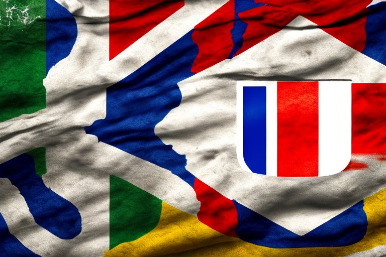 A portuguese flag merging into an english flag