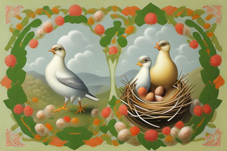 A traditional portuguese landscape with a symbolically highlighted motherly figure such as a nest with eggs or a mother bird feeding her chicks