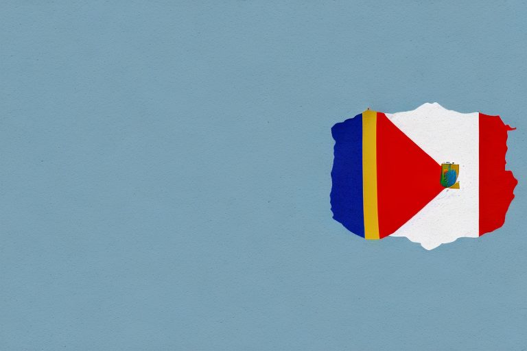 A portuguese flag intertwined with an abstract symbol representing translation or language interpretation