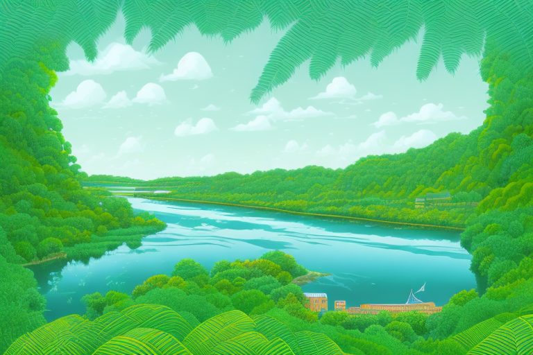 A picturesque river mouth (which is the translation of "foz" in portuguese) with lush greenery on either side