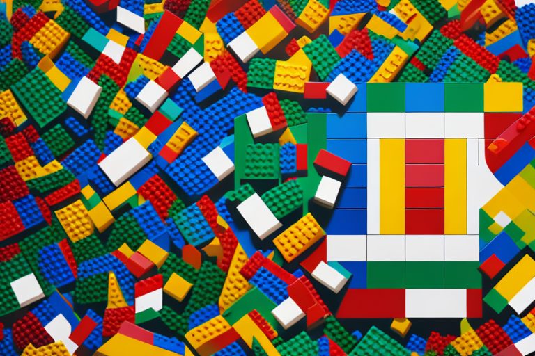 A pile of colorful lego bricks with a portuguese flag in the background