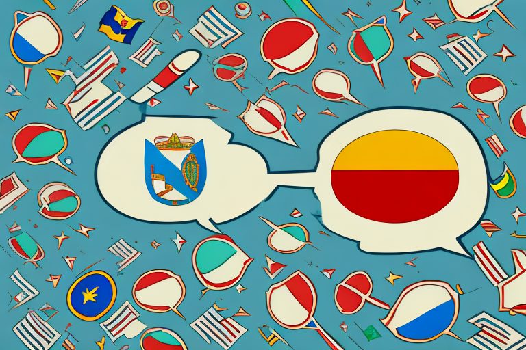 A stylized speech bubble with the colors of the portuguese flag