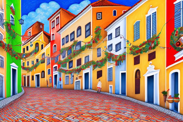 A festive portuguese street scene with colorful buildings