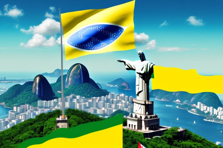 The brazilian flag waving against a backdrop of iconic brazilian landmarks