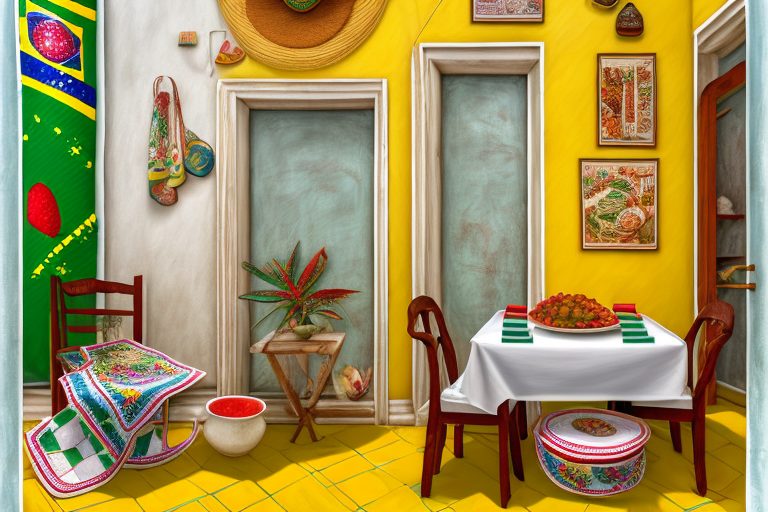A traditional brazilian home setting with a table full of typical brazilian food