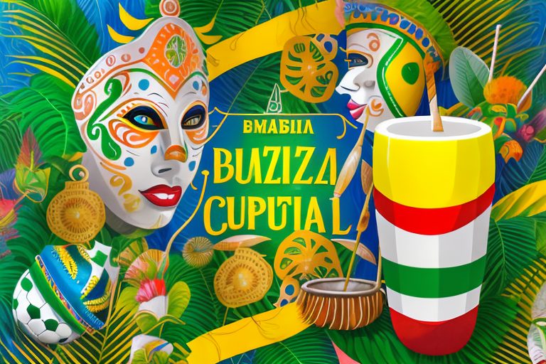 Various iconic brazilian cultural elements such as a colorful carnival mask